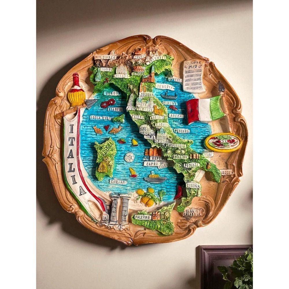 Vintage Legnoart Italy Wall Plaque 3D Resin Map Diorama with Scrolled Accents